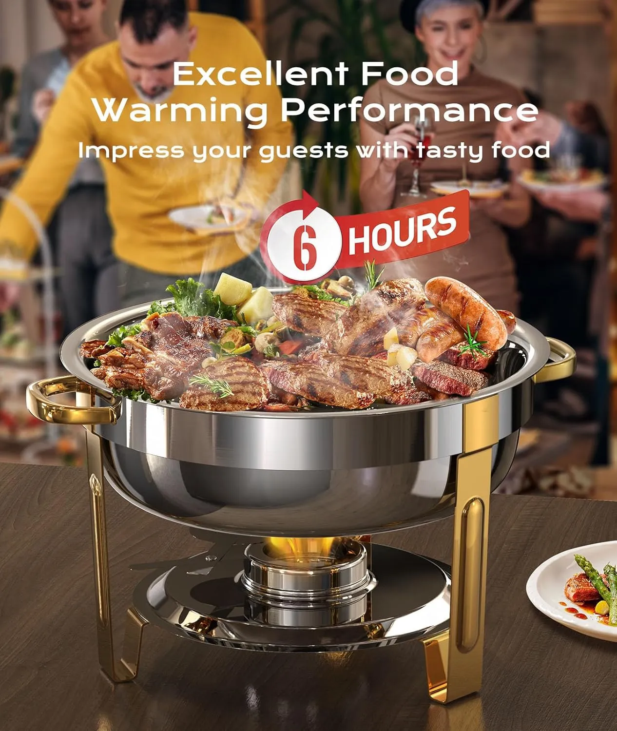 Chafing Dishes for Buffet 2 Pack, 5QT [Worry-Free Assemble] Round Chafing Dish Buffet Set [Elegant Gold and Silver Colors] Stainless Steel Chafers and Buffet Warmers Sets for Parties with Complete Set