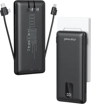 Charmast Portable Charger with Built-in Cables & Wall Plug, 10000mAh Portable Power Bank, External Battery Pack Travel Essentials Compatible with iPhone 16/15/14/13, Samsung, iPad etc