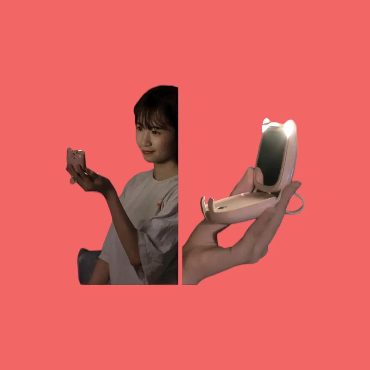 Chic Kitty Power: The Purrrfect 3-in-1 Portable Charger, Mirror & LED Light!