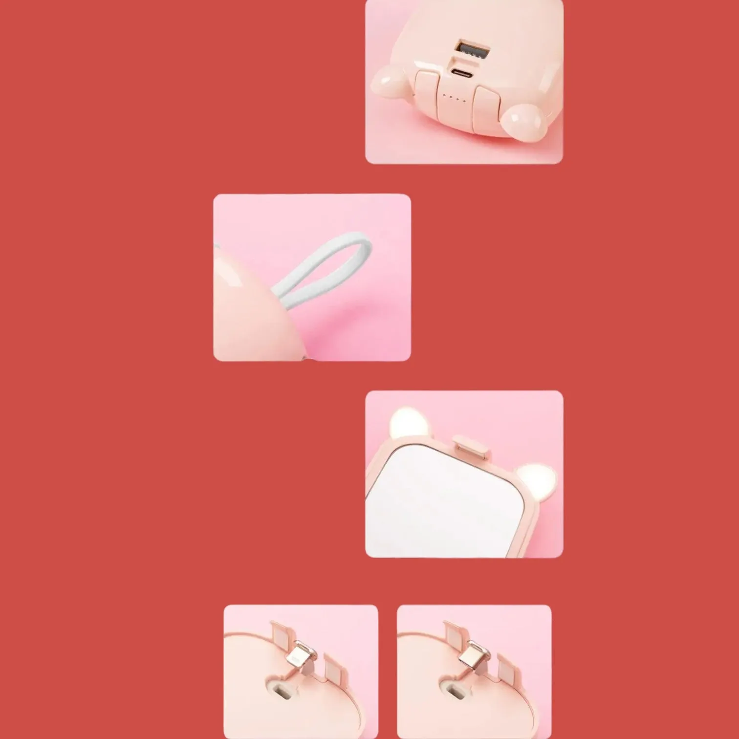 Chic Kitty Power: The Purrrfect 3-in-1 Portable Charger, Mirror & LED Light!