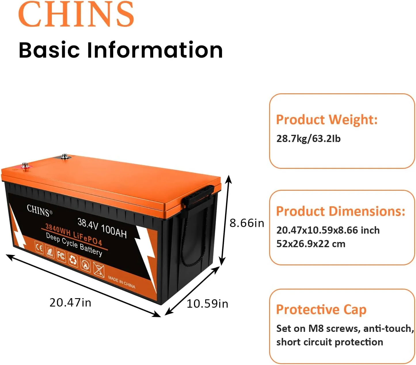 CHINS 36V Lithium Golf Cart Battery, 36 Volt 100Ah LiFePO4 Battery, Built-in Bluetooth 200A BMS, Includes 36V 25A Charger, Monitor, Perfect for Golf Carts