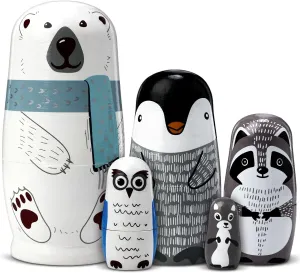 Christmas Nesting Dolls Russian Matryoshka Dolls Wooden Handmade Nutcracker Nesting Dolls Wooden Collectible Dolls Gifts Toy Set for Adults Kids Home Decor (Rustic Color,White Cartoon Animal)
