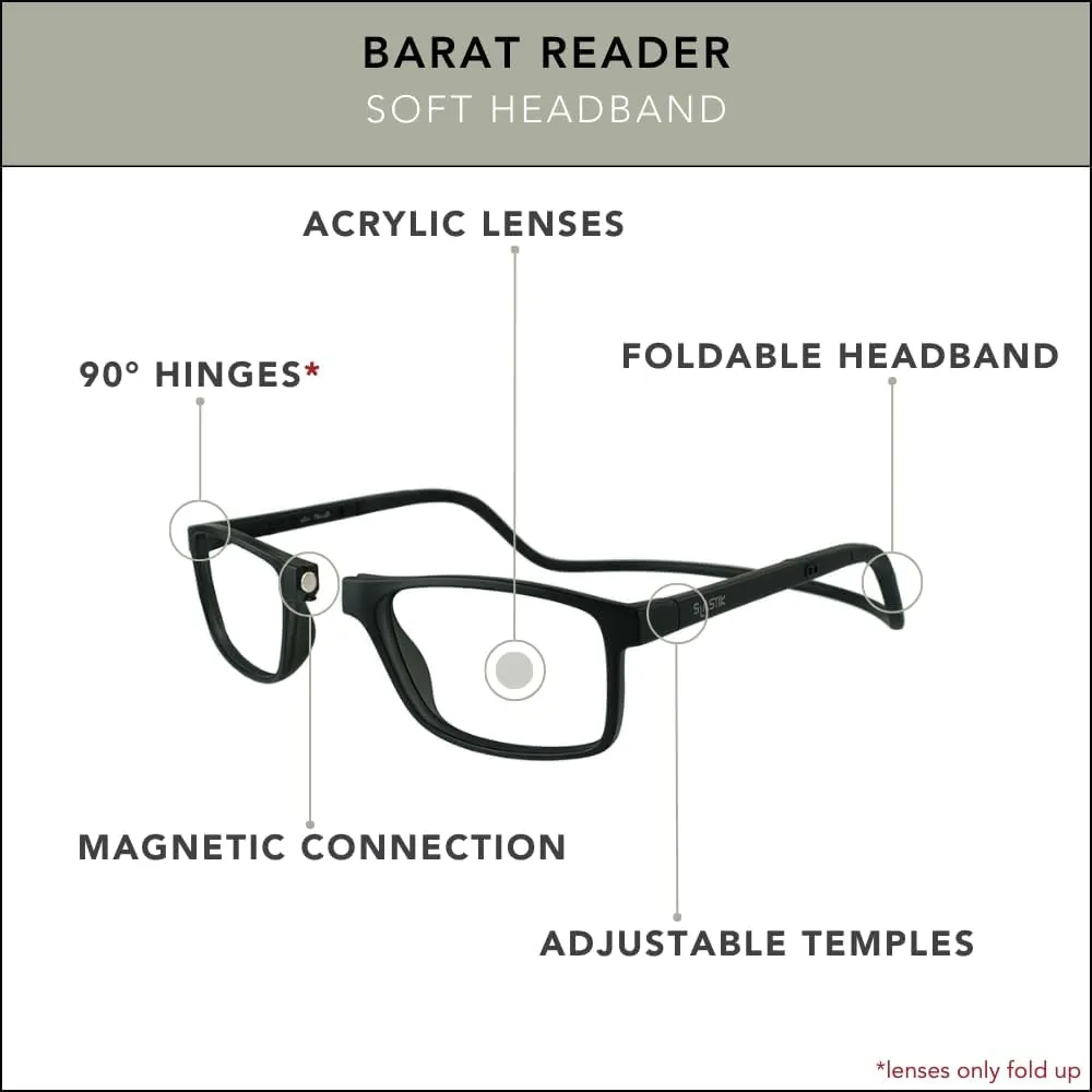 Clic Magnetic Reading Glasses for Men or Women, Soft Foldable Band, Computer Readers, Barat (S-XL)