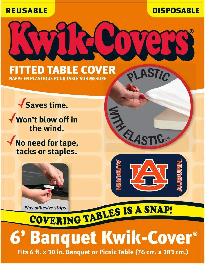 Collegiate Kwik-Covers Rectangle Plastic Table Covers, Bundle of 2 (Auburn University, 6')