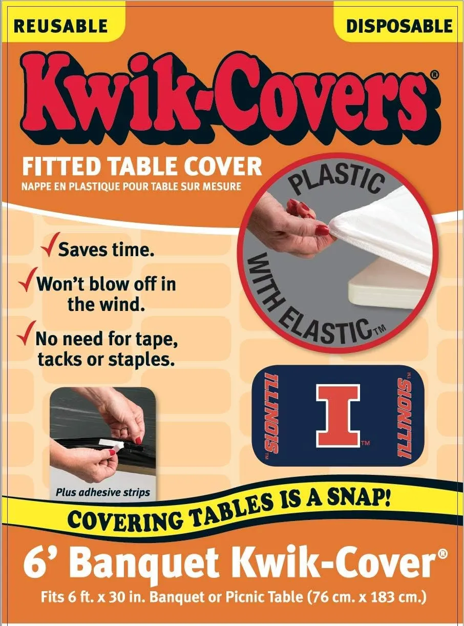 Collegiate Kwik-Covers Rectangle Plastic Table Covers, Bundle of 2 (University of Illinois, 6')