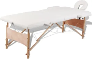 Comfortable and Portable Foldable Massage Table with Adjustable Height, 2 Zones and Wooden Frame, Cream White
