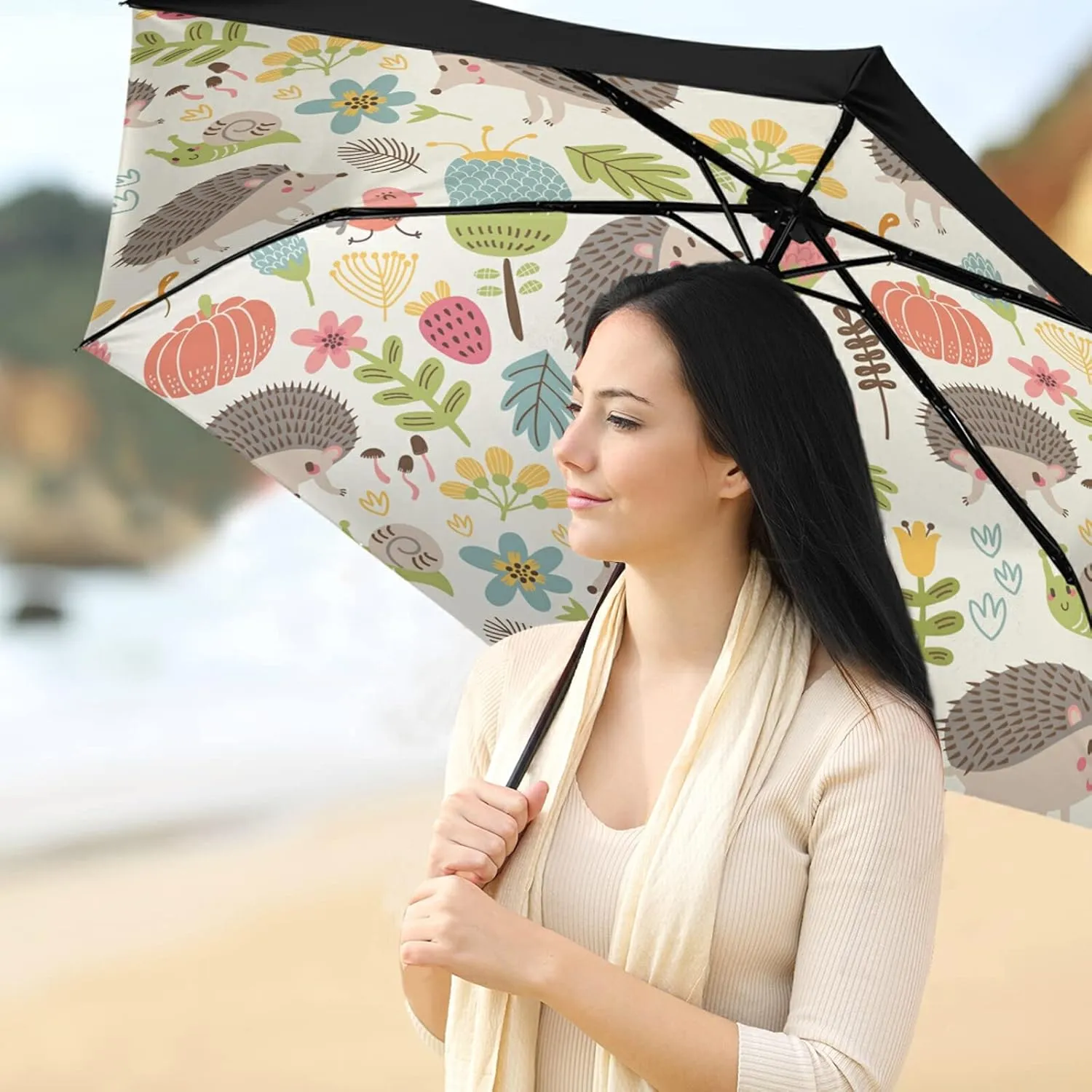 Compact Lightweight Folding Umbrella, Inner Print Sun Parasol with UV Protection, Strong Portable Travel Rain Umbrella
