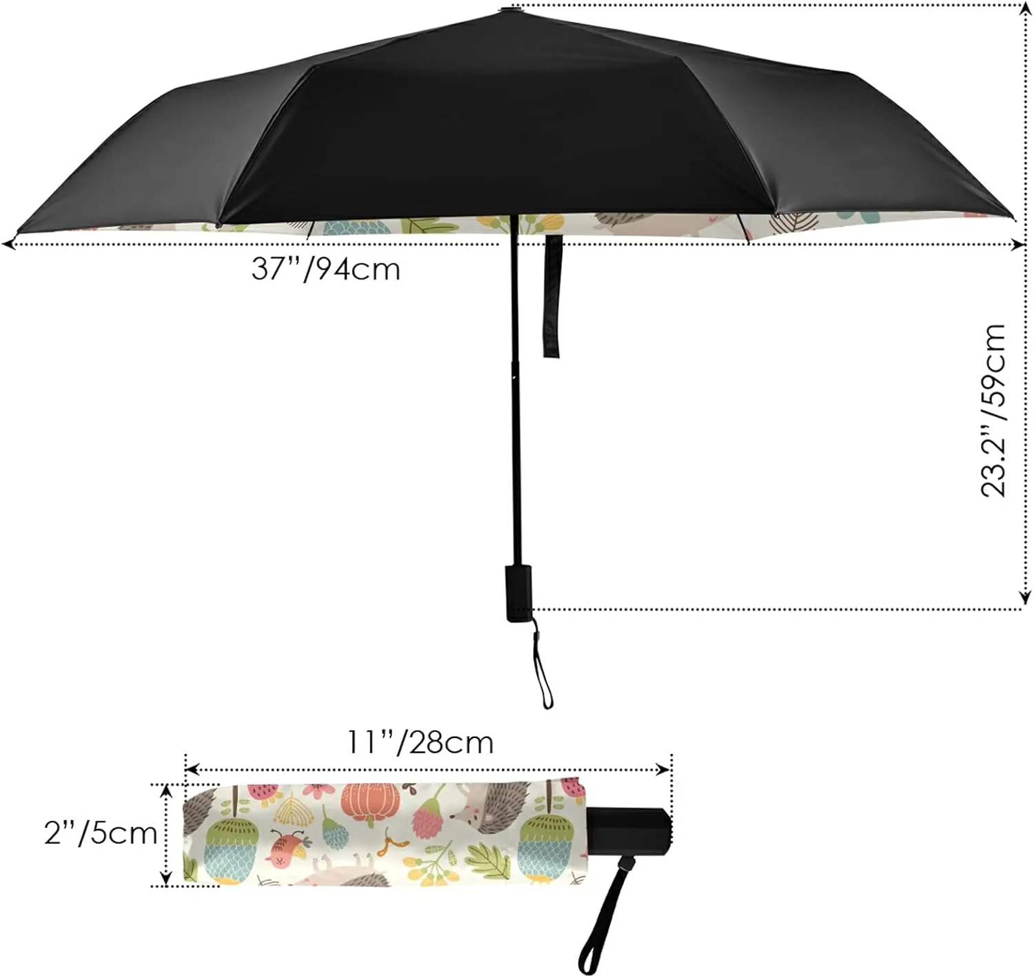 Compact Lightweight Folding Umbrella, Inner Print Sun Parasol with UV Protection, Strong Portable Travel Rain Umbrella