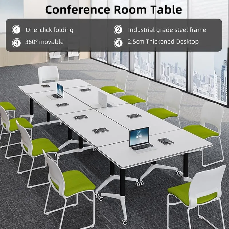 Conference Table, Folding Conference Room Tables with Flip-Top Design, Mobile Seminars Dynamic Meetings Training Tables for Offices, Classrooms, and Meeting Room (White, 55.1×23.6×29.5in)