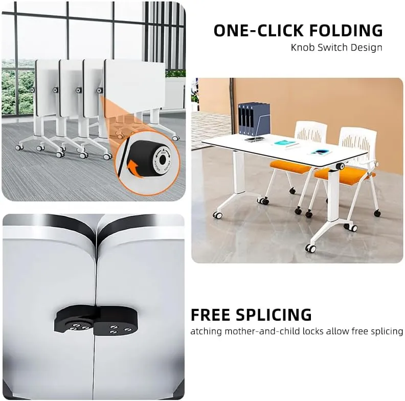 Conference Table, Folding Conference Room Tables with Flip-Top Design, Mobile Seminars Dynamic Meetings Training Tables for Offices, Classrooms, and Meeting Room (White, 55.1×23.6×29.5in)