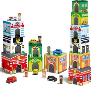 Coogam Toddler Sorting & Stacking Toys with Nesting Garages Cars, Number Stackable Block Boxes for Kids Learning Community Helpers, Preschool Educational Montessori Toy Gift for 2 3 4 Year Old Baby