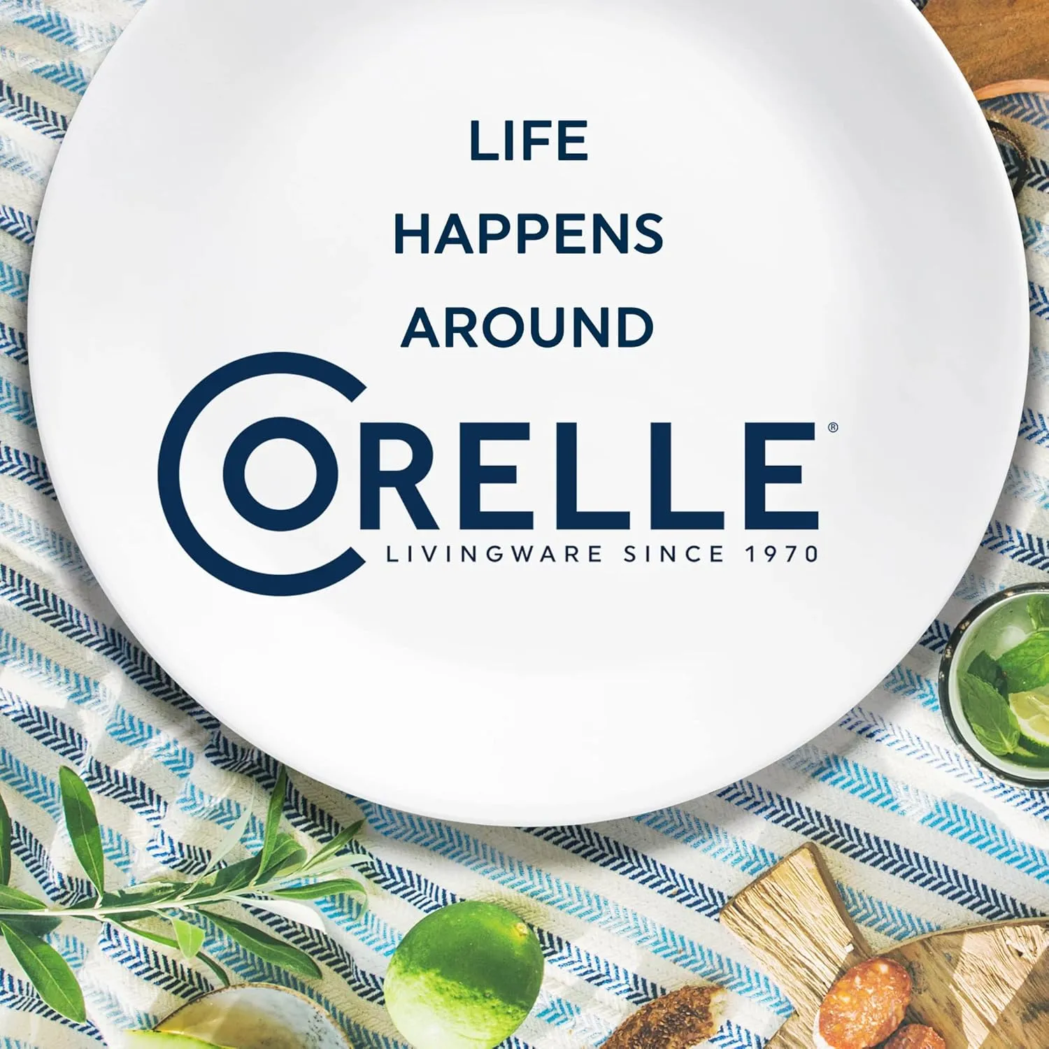 Corelle Vitrelle 18-Piece Service for 6 Dinnerware Set, Triple Layer Glass and Chip Resistant, Lightweight Round Plates and Bowls Set, Ocean Blue
