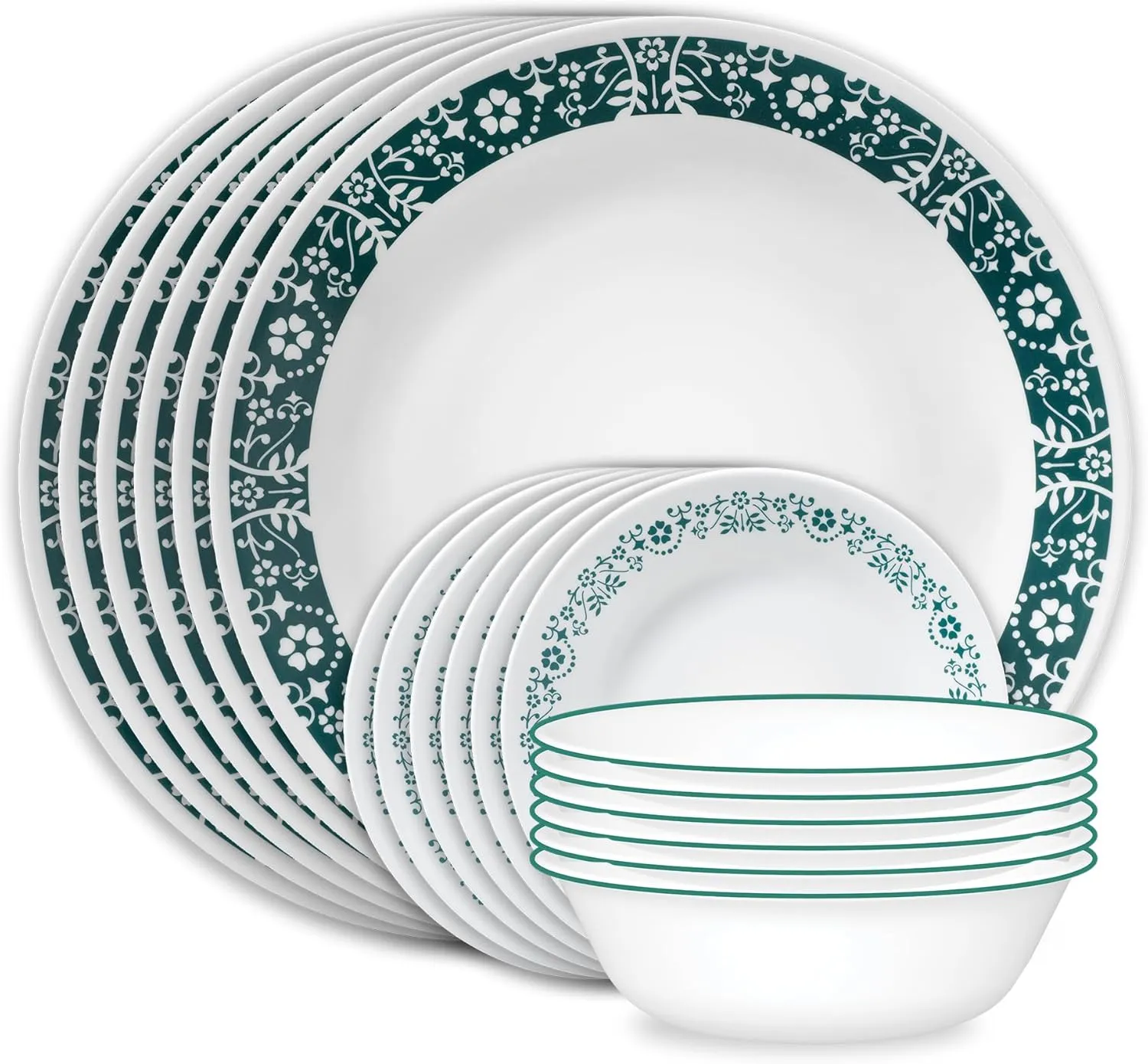 Corelle Vitrelle 18-Piece Service for 6 Dinnerware Set, Triple Layer Glass and Chip Resistant, Lightweight Round Plates and Bowls Set, Penelope