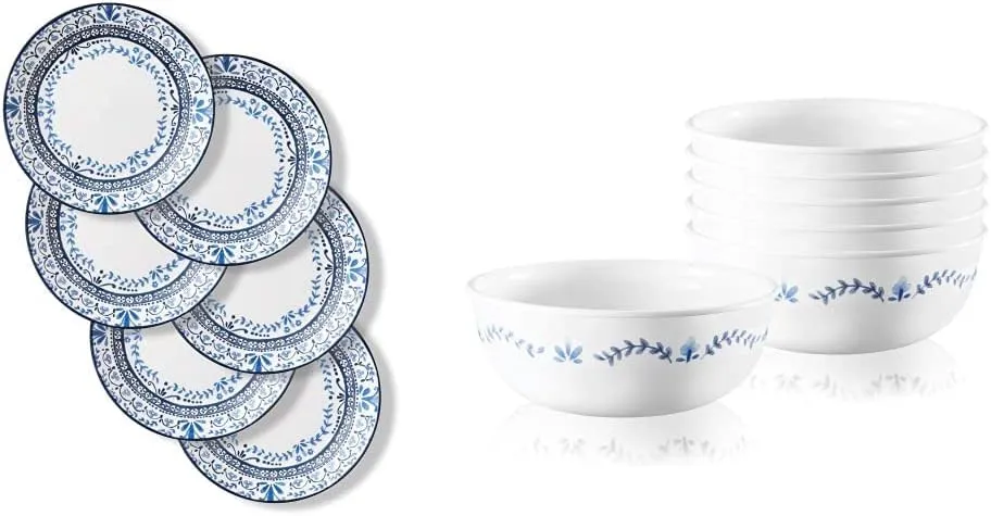 Corelle Vitrelle 6-Piece Dinner Plates Set, Triple Layer Glass and Chip Resistant, Lightweight Round Plates, Portofino & Vitrelle 6-Piece Soup/Cereal Bowl Set, Triple Layer Glass and Chip Resistant