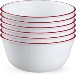Corelle Vitrelle Glass 6-PC Bowls Set, For Soup Cereal & Dessert, Chip-Resistant & Lightweight Bowl Dinnerware Set, Red Banded 28 OZ