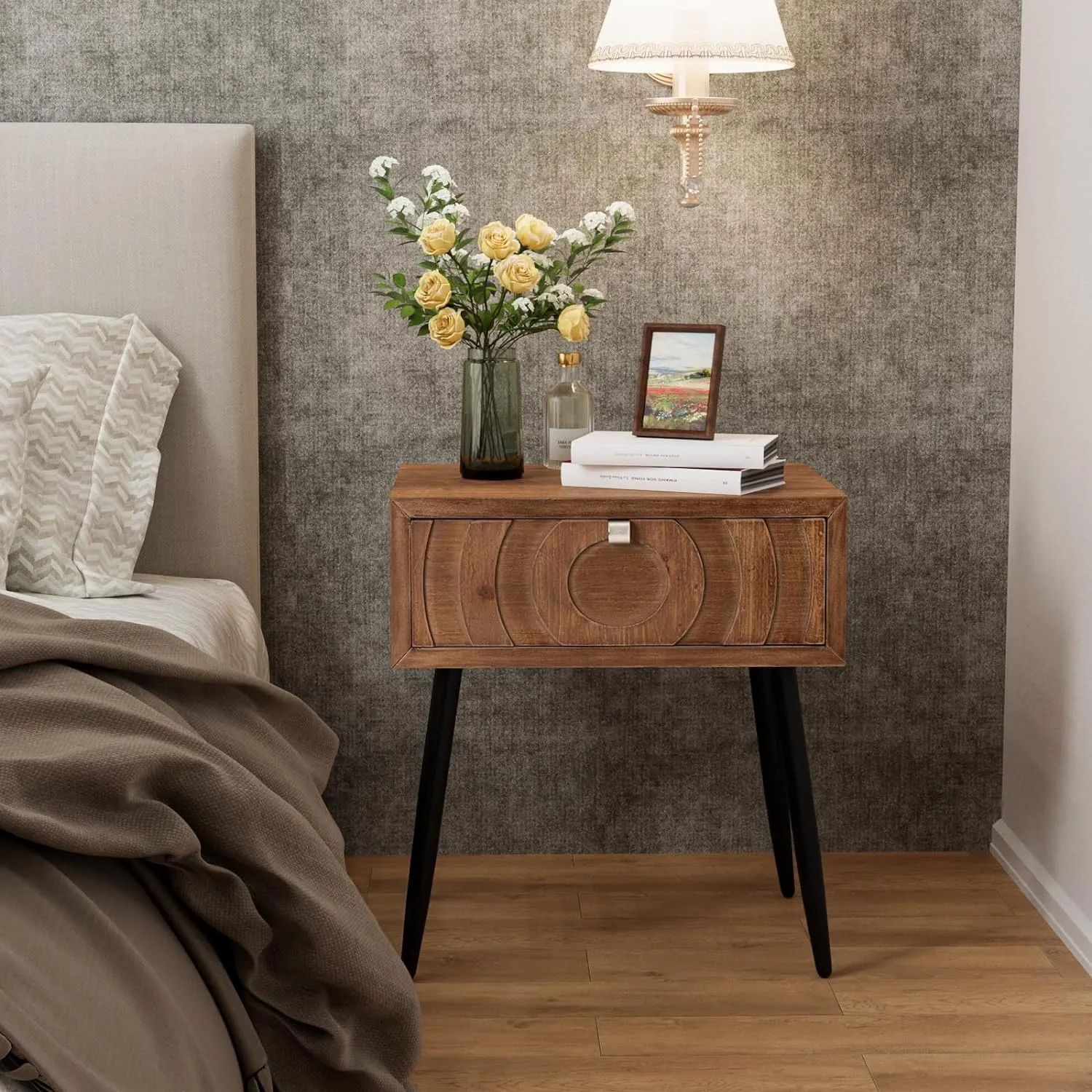 COSIEST End Table, Mid Century Modern Nightstand, Wood Bedside Table, Accent Night Stand with One Storage Drawer for Living Room, Bedroom (Brown, Circle Pattern)