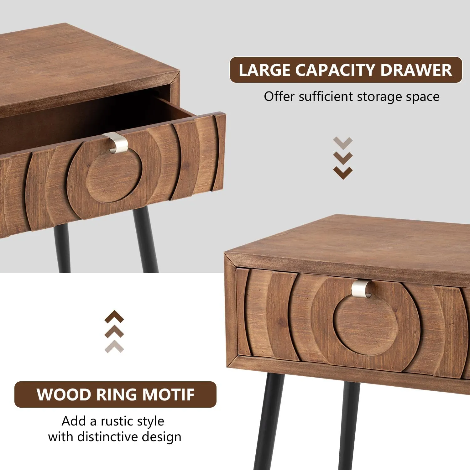 COSIEST End Table, Mid Century Modern Nightstand, Wood Bedside Table, Accent Night Stand with One Storage Drawer for Living Room, Bedroom (Brown, Circle Pattern)