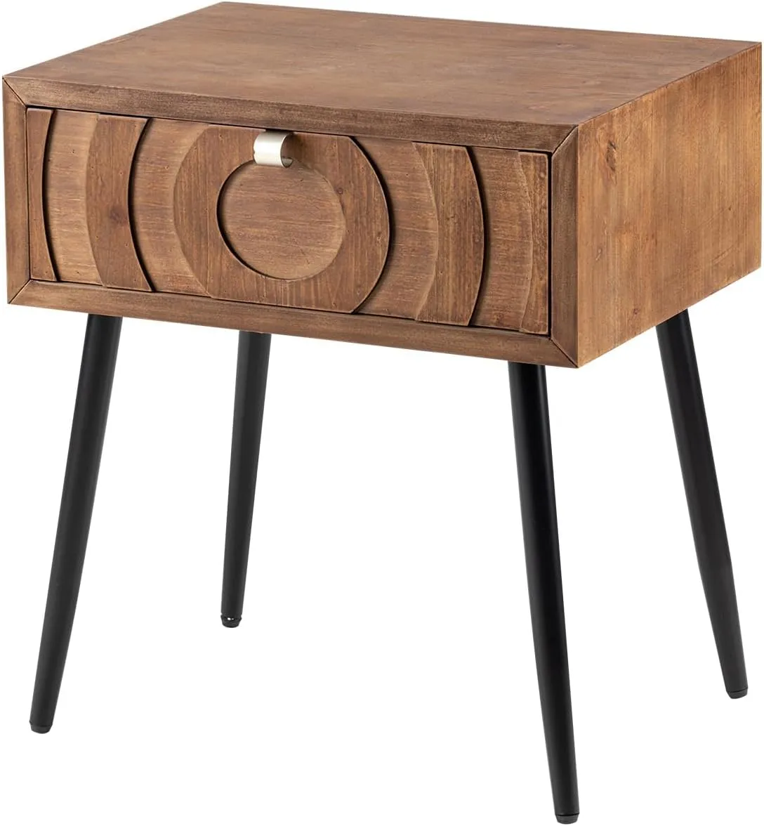 COSIEST End Table, Mid Century Modern Nightstand, Wood Bedside Table, Accent Night Stand with One Storage Drawer for Living Room, Bedroom (Brown, Circle Pattern)