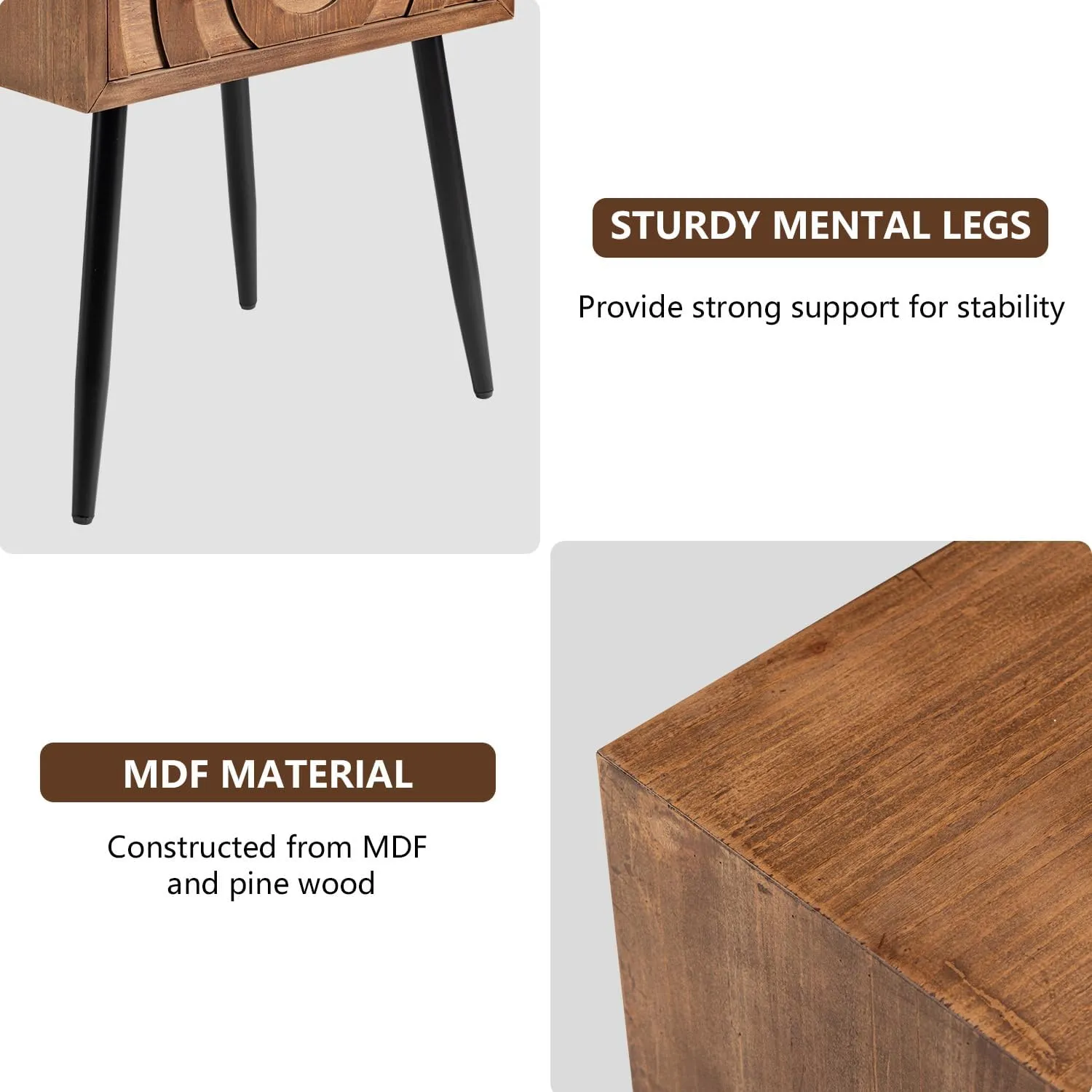 COSIEST End Table, Mid Century Modern Nightstand, Wood Bedside Table, Accent Night Stand with One Storage Drawer for Living Room, Bedroom (Brown, Circle Pattern)