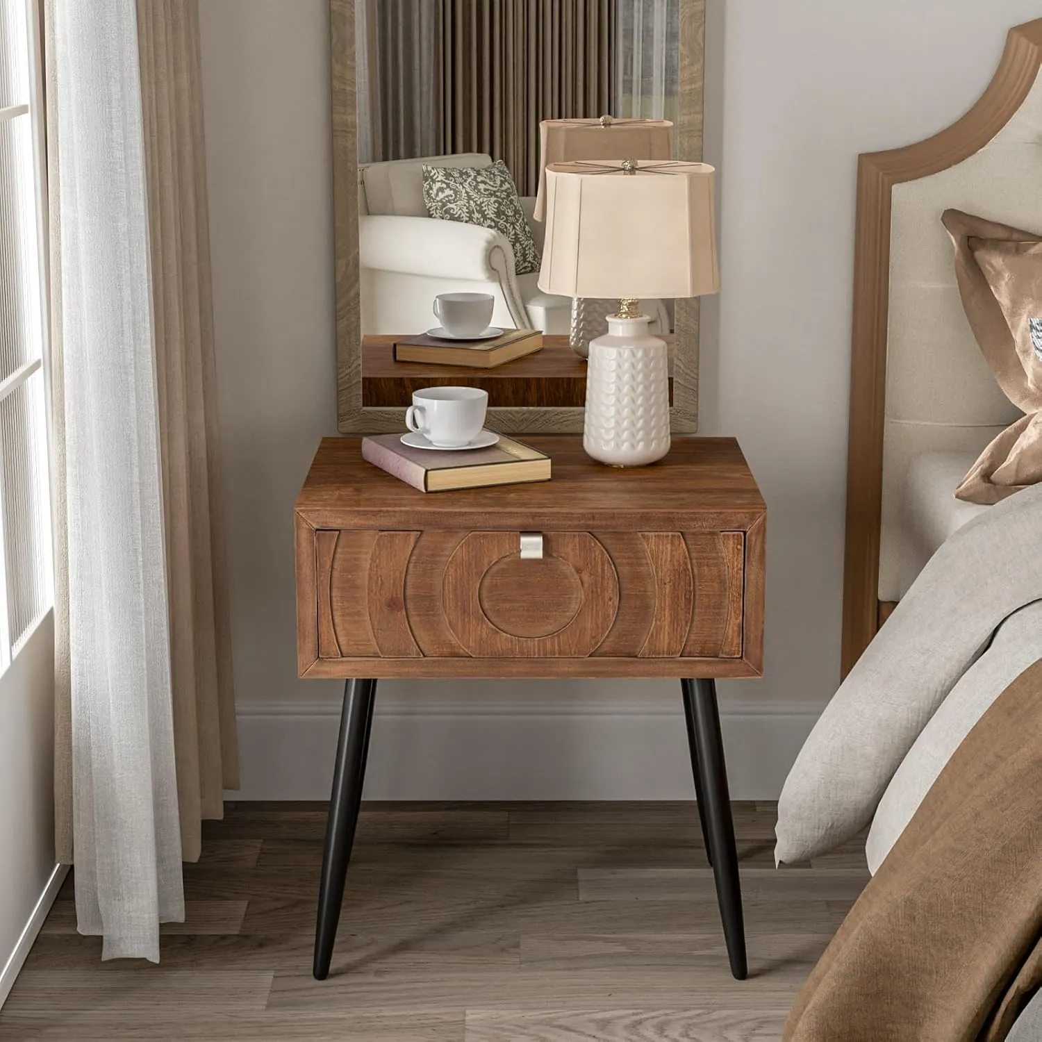 COSIEST End Table, Mid Century Modern Nightstand, Wood Bedside Table, Accent Night Stand with One Storage Drawer for Living Room, Bedroom (Brown, Circle Pattern)