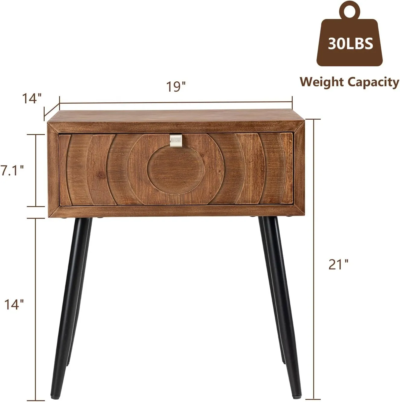 COSIEST End Table, Mid Century Modern Nightstand, Wood Bedside Table, Accent Night Stand with One Storage Drawer for Living Room, Bedroom (Brown, Circle Pattern)
