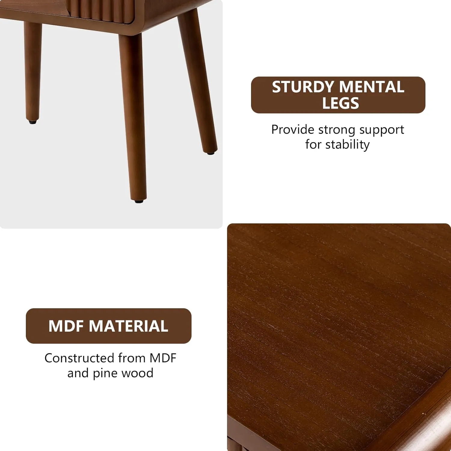 COSIEST Mid Century Modern Nightstand, MCM Vintage Bedside Table with Storage Drawer, Wood End Table for Bedroom, Living Room (Brown, Striped Pattern)