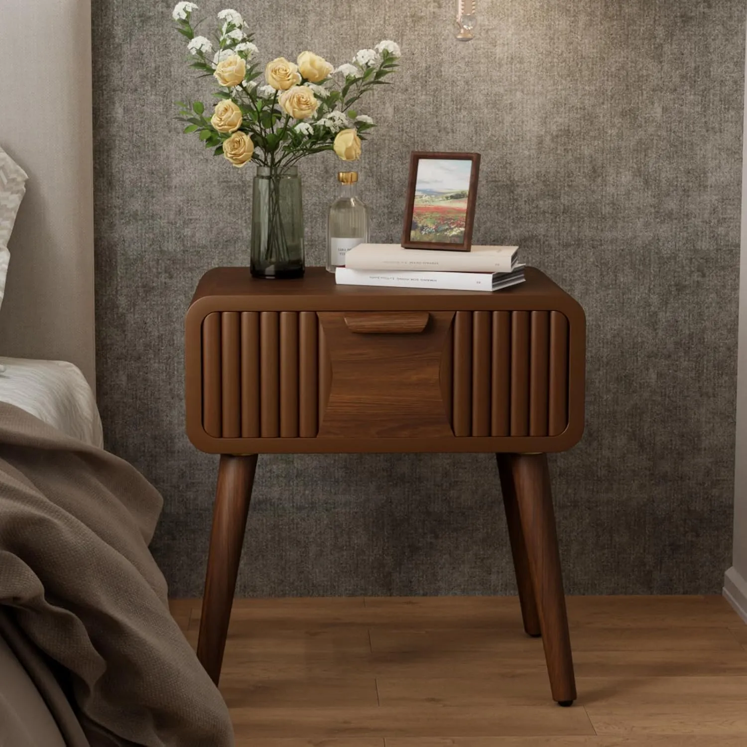 COSIEST Mid Century Modern Nightstand, MCM Vintage Bedside Table with Storage Drawer, Wood End Table for Bedroom, Living Room (Brown, Striped Pattern)