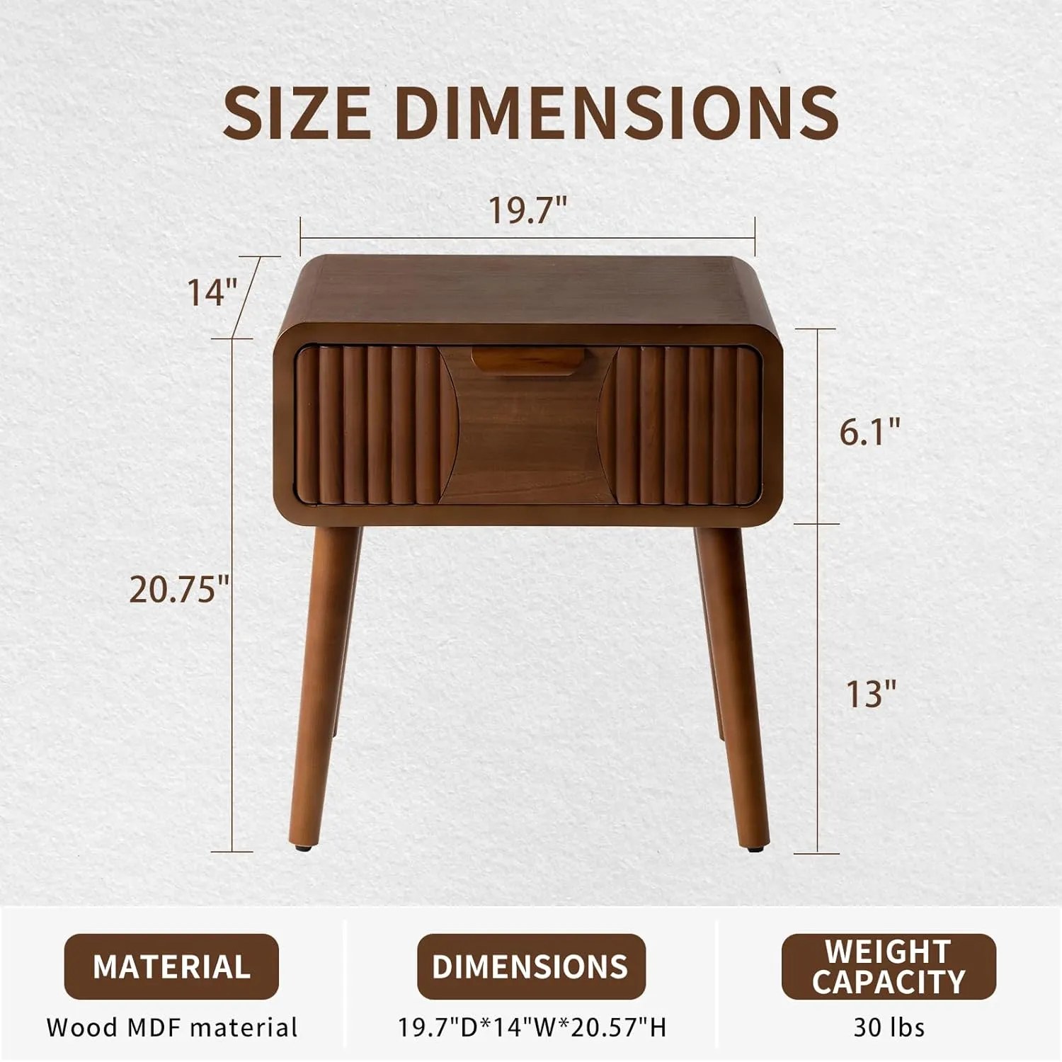 COSIEST Mid Century Modern Nightstand, MCM Vintage Bedside Table with Storage Drawer, Wood End Table for Bedroom, Living Room (Brown, Striped Pattern)