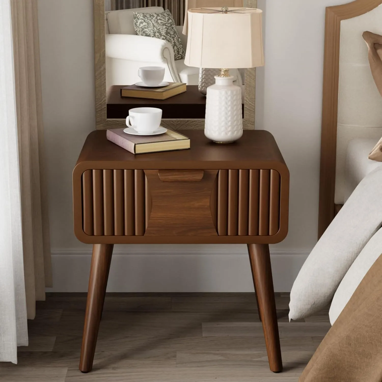 COSIEST Mid Century Modern Nightstand, MCM Vintage Bedside Table with Storage Drawer, Wood End Table for Bedroom, Living Room (Brown, Striped Pattern)