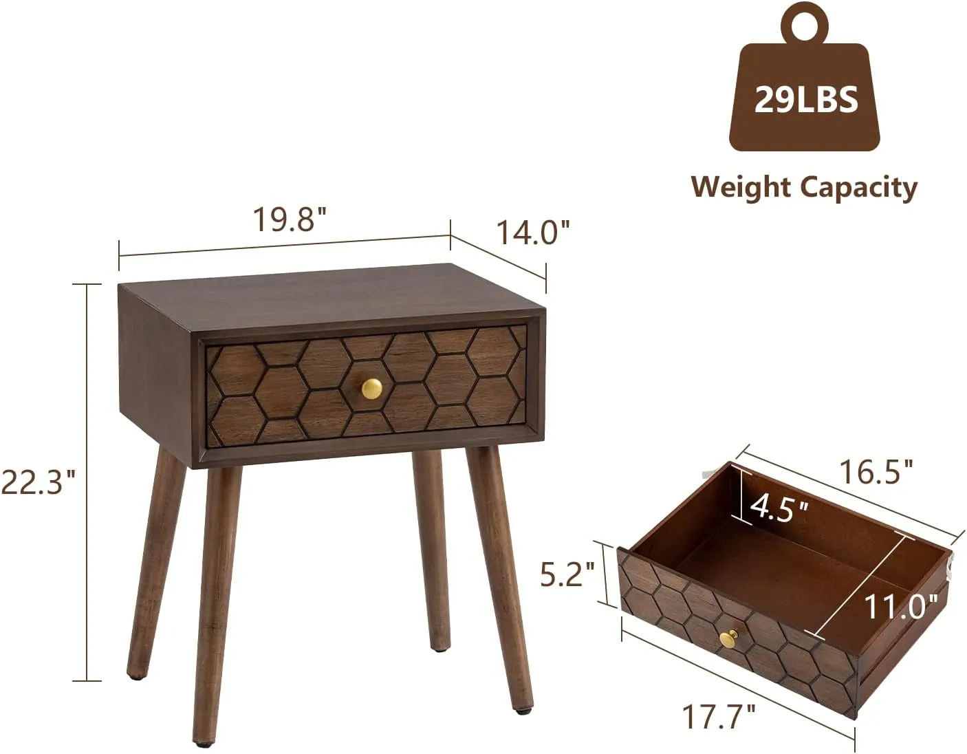 COSIEST Mid-Century Nightstand, Modern MDF Bedside Table, Wood Accent End Table with One Storage Drawer for Bedroom Living Room, Brown