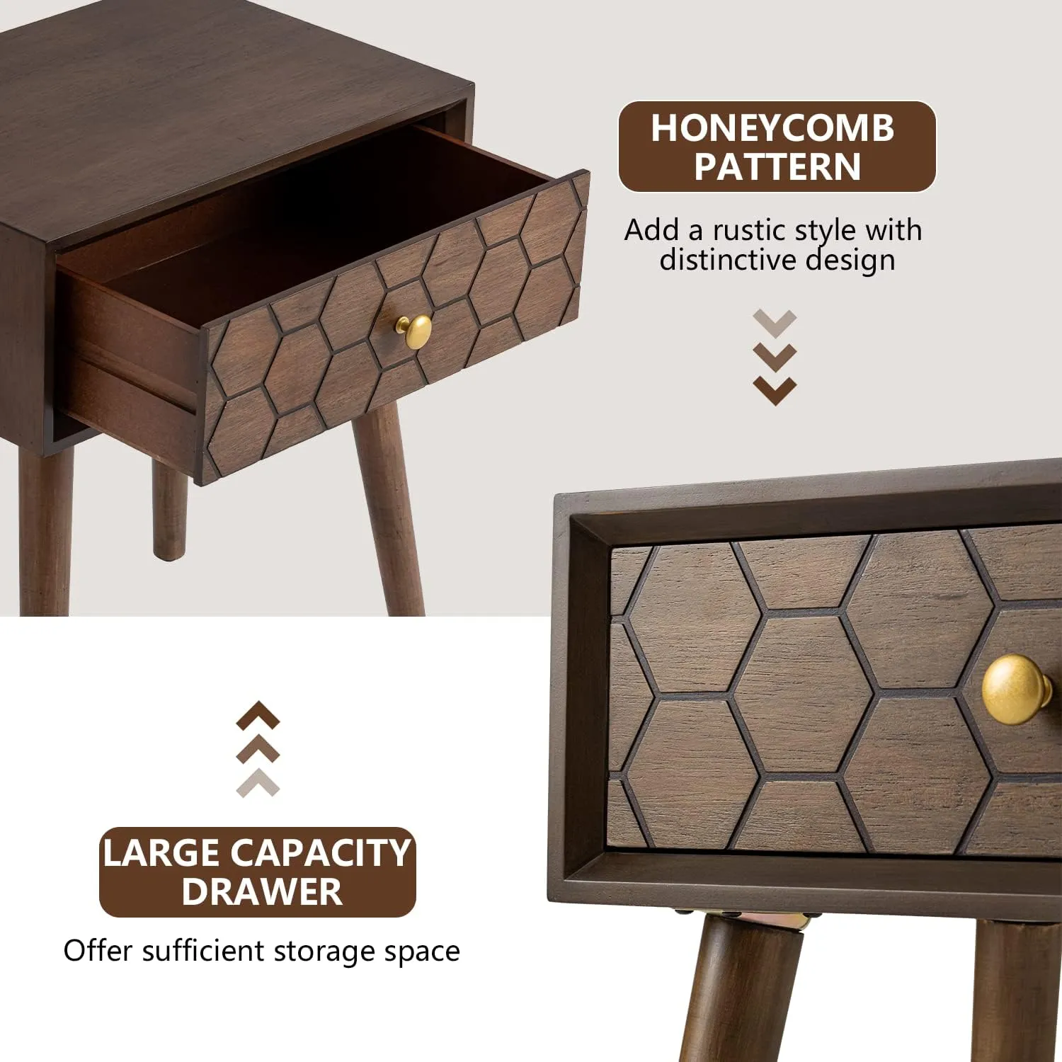 COSIEST Mid-Century Nightstand, Modern MDF Bedside Table, Wood Accent End Table with One Storage Drawer for Bedroom Living Room, Brown