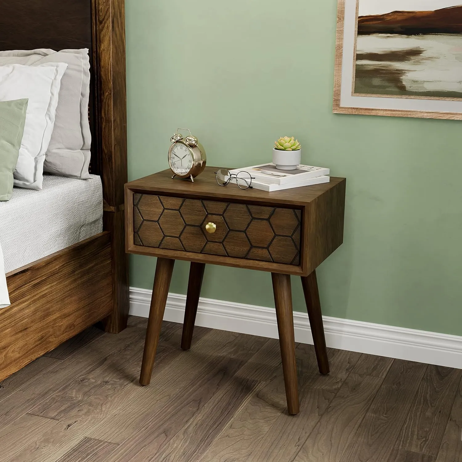 COSIEST Mid-Century Nightstand, Modern MDF Bedside Table, Wood Accent End Table with One Storage Drawer for Bedroom Living Room, Brown