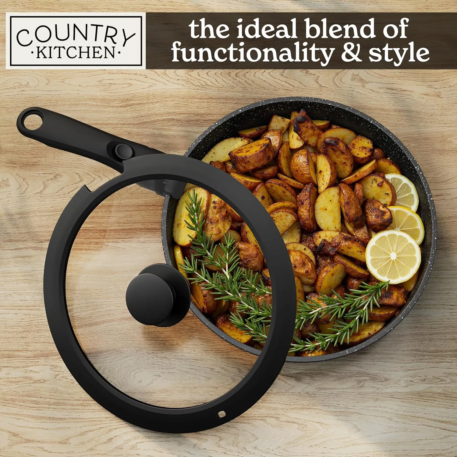 Country Kitchen Cookware Set with Removable Handle, Oven & RV Safe Pots and Pans Set, Black Rhombus, Original