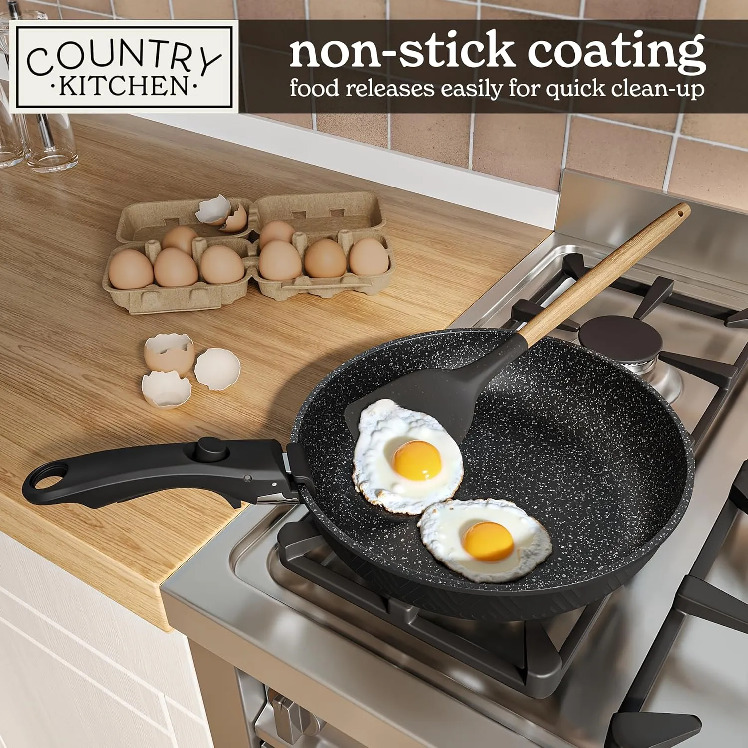 Country Kitchen Cookware Set with Removable Handle, Oven & RV Safe Pots and Pans Set, Black Rhombus, Original