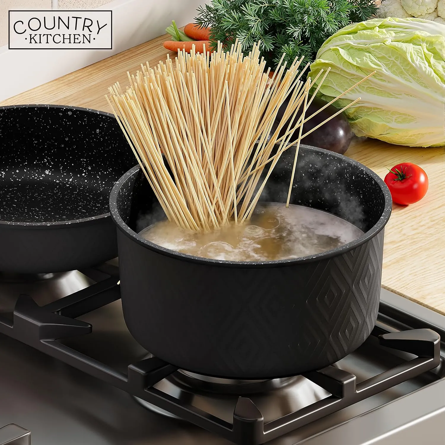 Country Kitchen Cookware Set with Removable Handle, Oven & RV Safe Pots and Pans Set, Black Rhombus, Original