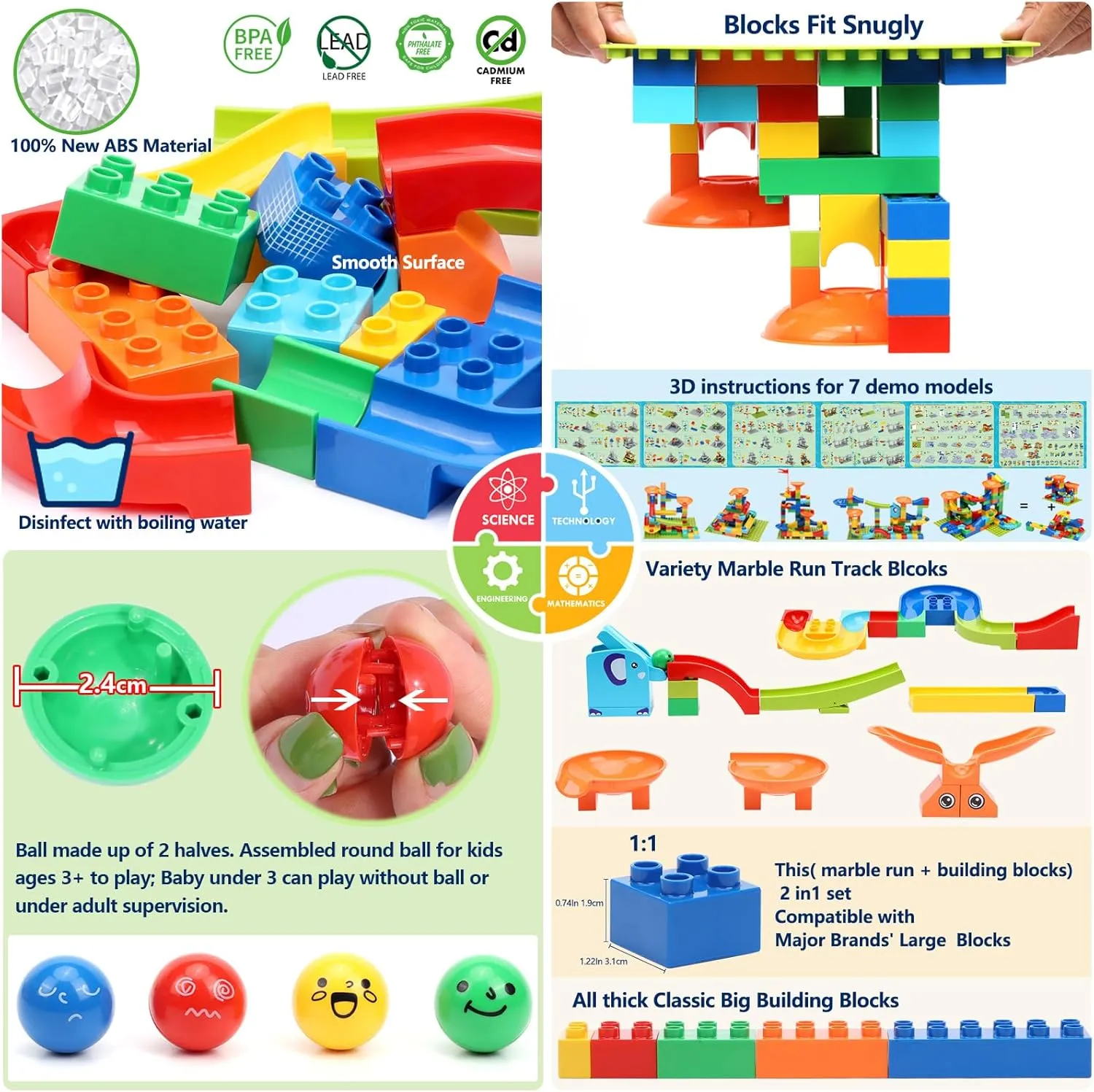 COUOMOXA Marble Run Building for Kids: STEM Building Blocks Set Compatible Classic Blocks - Educational Toys for Kids Age 3 4 5 6 7 8  Home School - Birthday Gift for Boys Girls