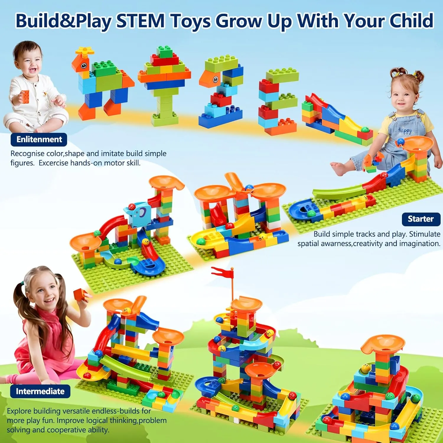 COUOMOXA Marble Run Building for Kids: STEM Building Blocks Set Compatible Classic Blocks - Educational Toys for Kids Age 3 4 5 6 7 8  Home School - Birthday Gift for Boys Girls