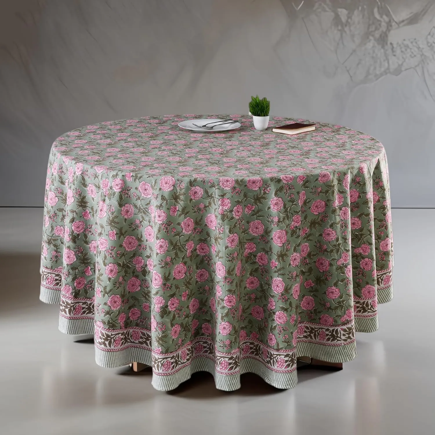 CPC Round Tablecloth- Cotton Indian Block Print Tablecloth -Handmade Printed Washable Cotton Table Cloth - Spring/Summer, Weding Table Cover - Pink Tourmaline 110 Inches