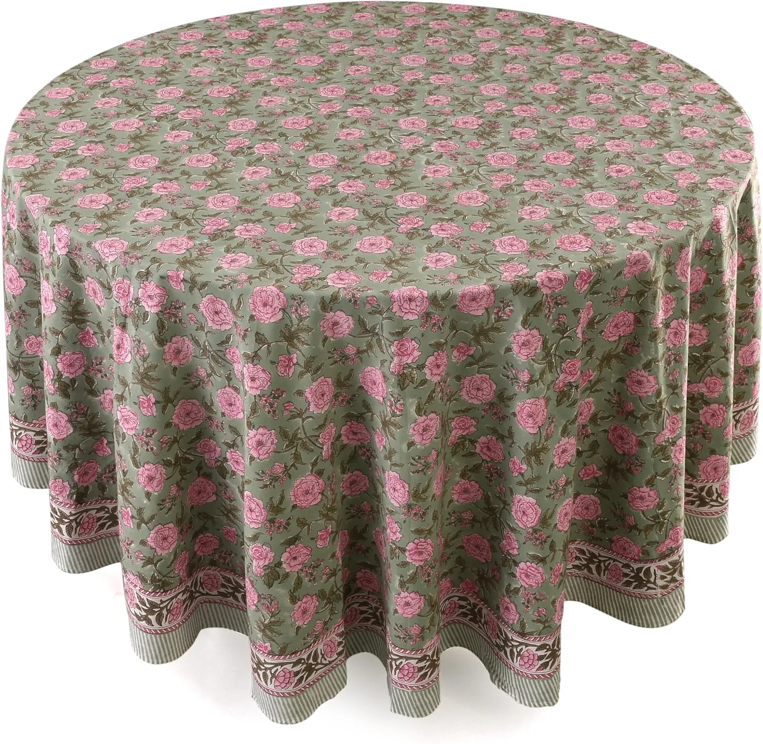 CPC Round Tablecloth- Cotton Indian Block Print Tablecloth -Handmade Printed Washable Cotton Table Cloth - Spring/Summer, Weding Table Cover - Pink Tourmaline 110 Inches