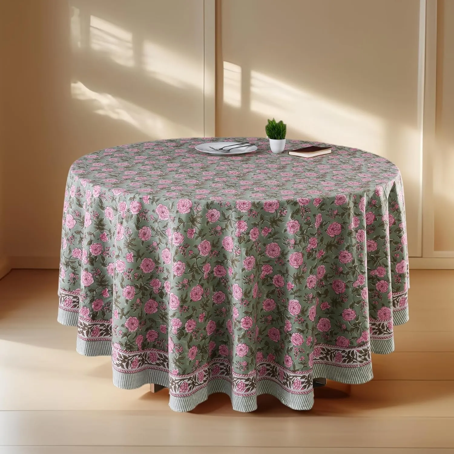 CPC Round Tablecloth- Cotton Indian Block Print Tablecloth -Handmade Printed Washable Cotton Table Cloth - Spring/Summer, Weding Table Cover - Pink Tourmaline 110 Inches
