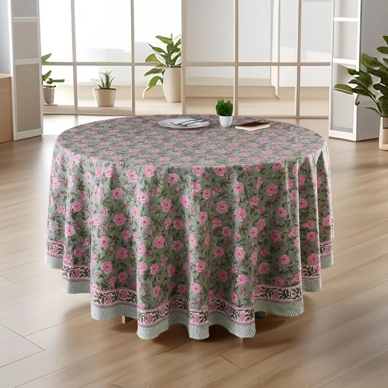 CPC Round Tablecloth- Cotton Indian Block Print Tablecloth -Handmade Printed Washable Cotton Table Cloth - Spring/Summer, Weding Table Cover - Pink Tourmaline 110 Inches