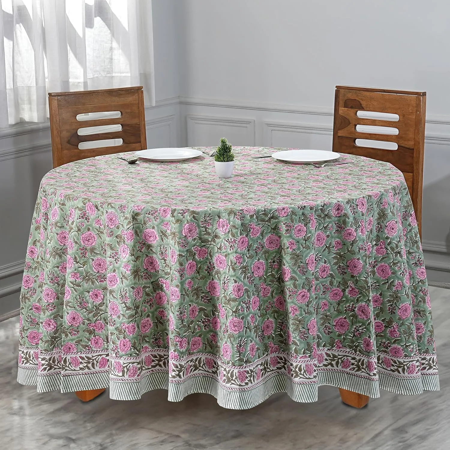 CPC Round Tablecloth- Cotton Indian Block Print Tablecloth -Handmade Printed Washable Cotton Table Cloth - Spring/Summer, Weding Table Cover - Pink Tourmaline 110 Inches