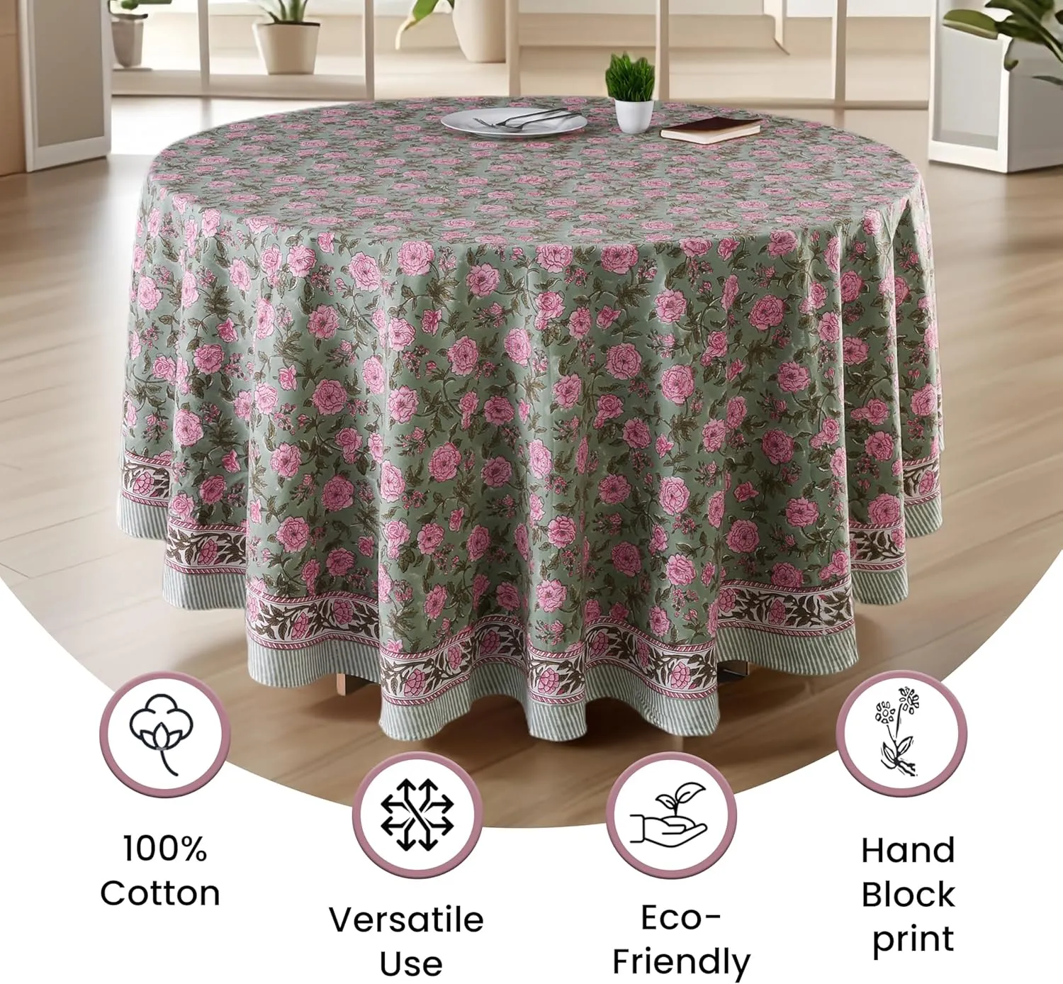 CPC Round Tablecloth- Cotton Indian Block Print Tablecloth -Handmade Printed Washable Cotton Table Cloth - Spring/Summer, Weding Table Cover - Pink Tourmaline 110 Inches