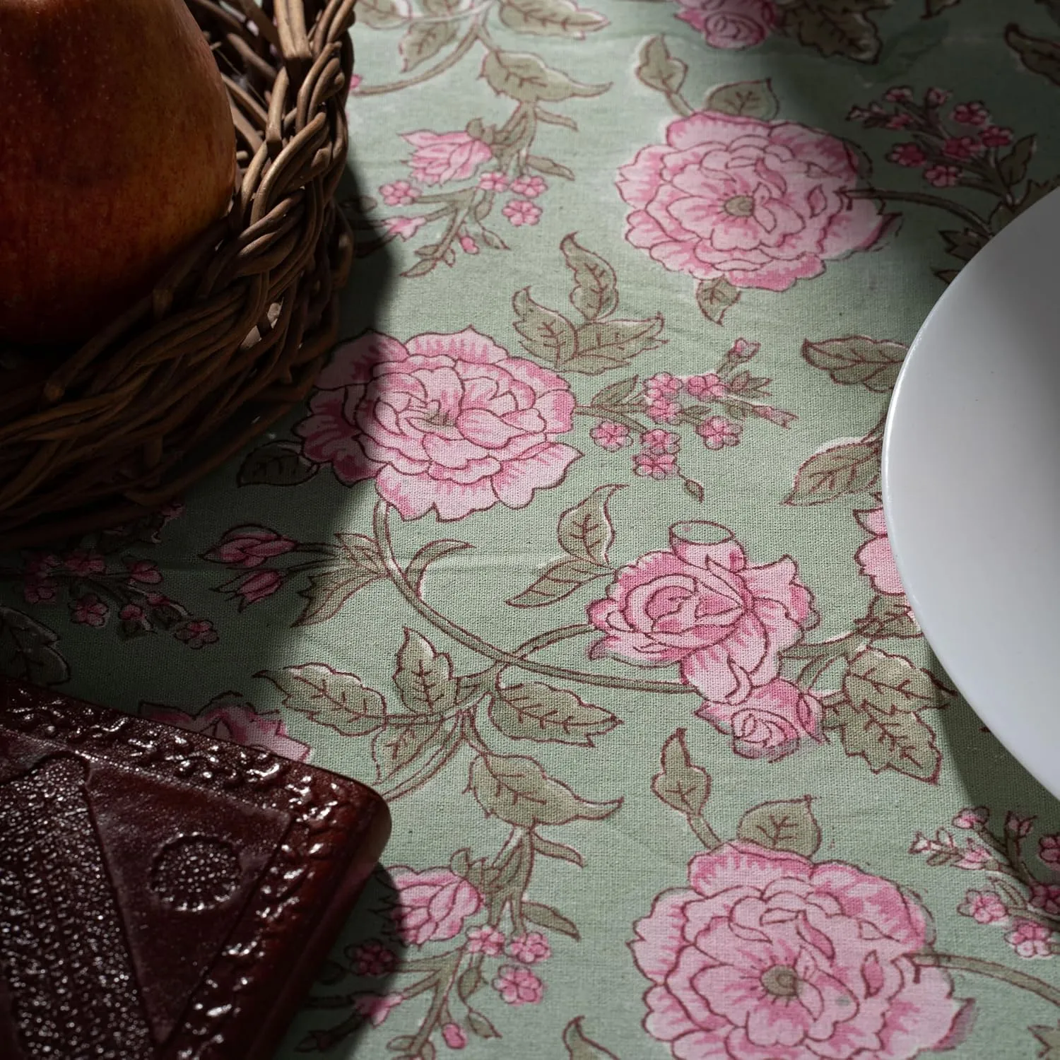 CPC Round Tablecloth- Cotton Indian Block Print Tablecloth -Handmade Printed Washable Cotton Table Cloth - Spring/Summer, Weding Table Cover - Pink Tourmaline 110 Inches