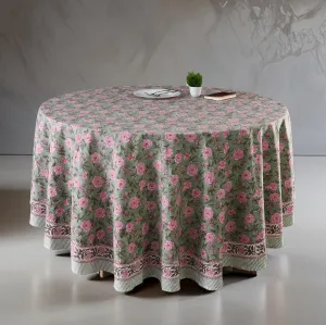 CPC Round Tablecloth- Cotton Indian Block Print Tablecloth -Handmade Printed Washable Cotton Table Cloth - Spring/Summer, Weding Table Cover - Pink Tourmaline 110 Inches