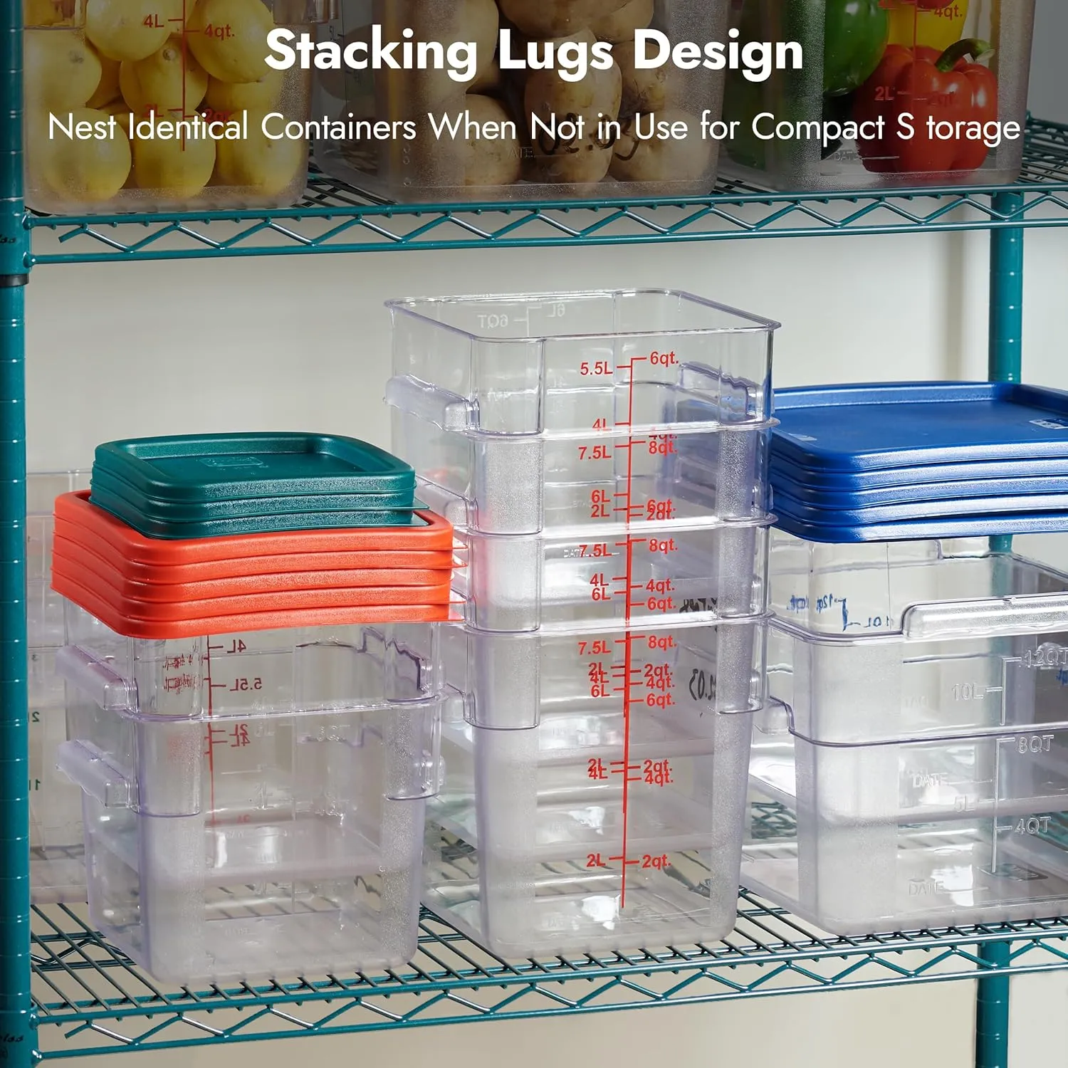 CURTA 4 Pack Food Storage Container with Red Lid - NSF Listed Commercial Grade in 8.0 Qt - Square, Clear, Polycarbonate