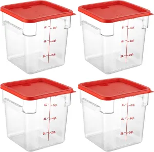 CURTA 4 Pack Food Storage Container with Red Lid - NSF Listed Commercial Grade in 8.0 Qt - Square, Clear, Polycarbonate