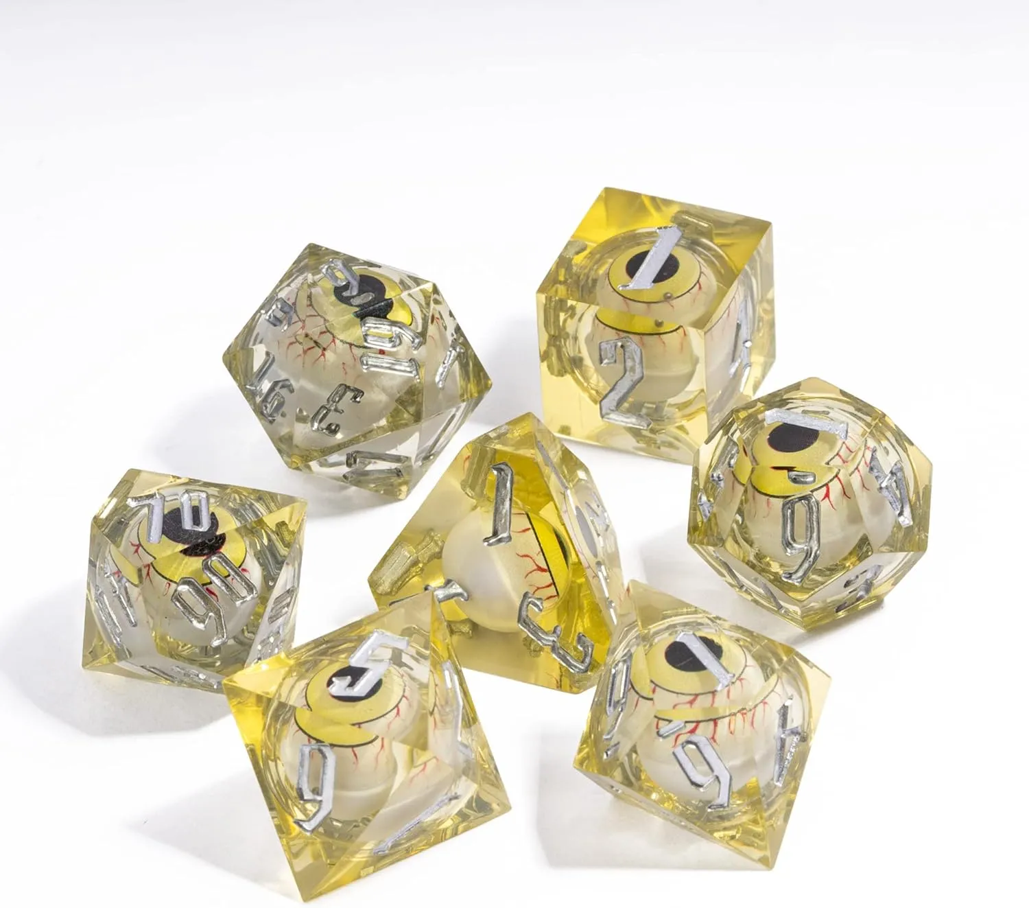 Cusdie 7-Die Liquid Core Eye Dice Handmade DND Dice Set Sharp Edges, Floating Eyeball Dice for Dungeons and DragonsTabletop Role Playing Game(Yellow Eyeball)