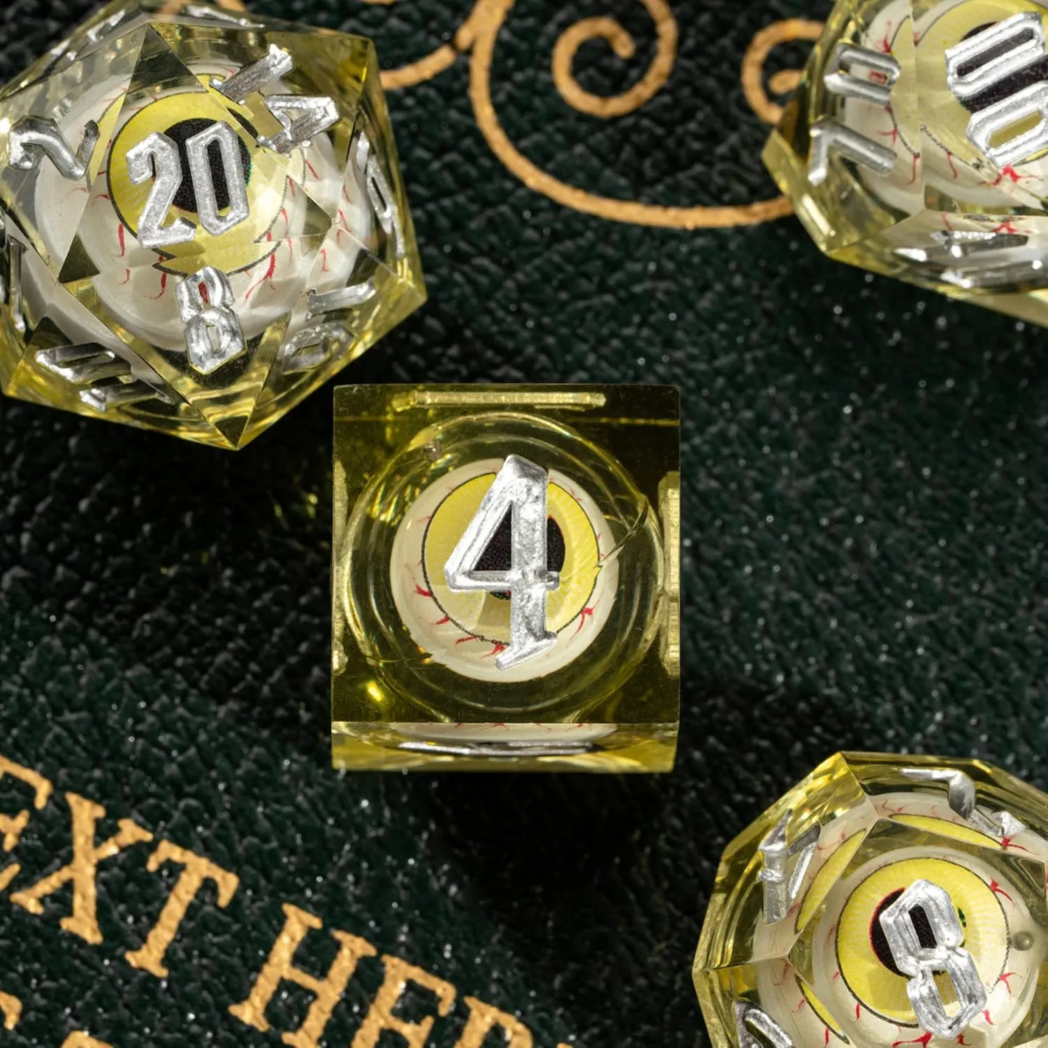 Cusdie 7-Die Liquid Core Eye Dice Handmade DND Dice Set Sharp Edges, Floating Eyeball Dice for Dungeons and DragonsTabletop Role Playing Game(Yellow Eyeball)