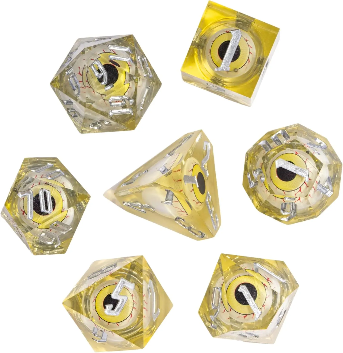 Cusdie 7-Die Liquid Core Eye Dice Handmade DND Dice Set Sharp Edges, Floating Eyeball Dice for Dungeons and DragonsTabletop Role Playing Game(Yellow Eyeball)
